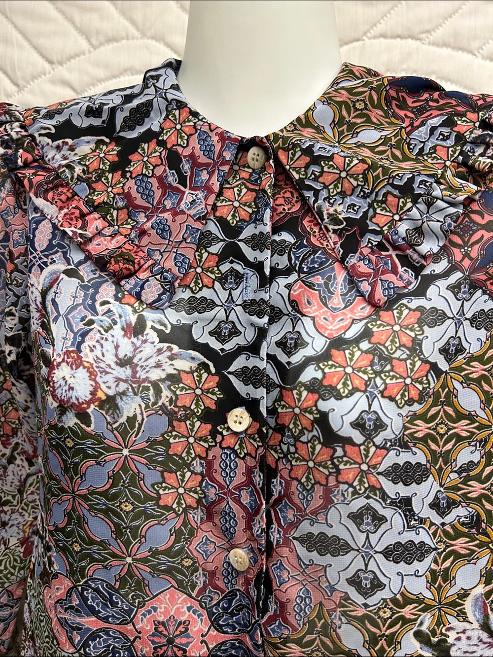 Posh Multicolor Floral Patchwork Ruffle-Collar Blouse - Picture 4 of 15